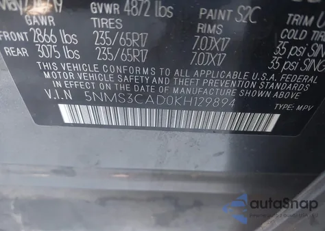 2019 Hyundai Santa Fe Sel z USA, uszkodzony, nr VIN 5NMS3CAD0KH129894